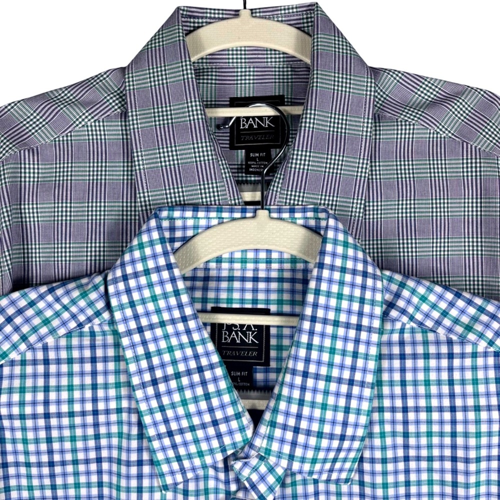 Jos. A. Bank Traveler Slim Fit Button Up Shirt Mens L Plaid 2 Pack